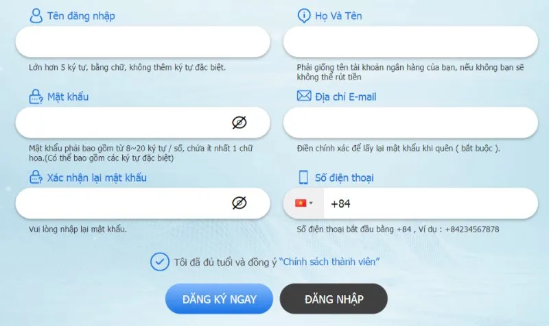 Đăng nhập tài khoản nhà cái (Nếu chưa có hãy bấm chọn đăng ký)